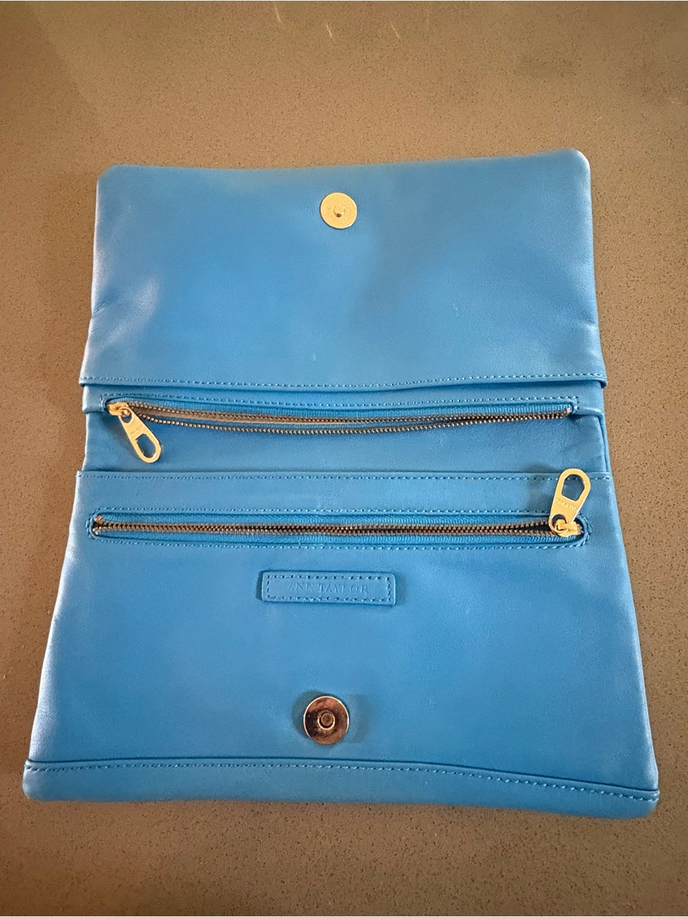 Ann Taylor Blue Foldover Clutch Wallet Organizer Gold Tone Zip Pockets